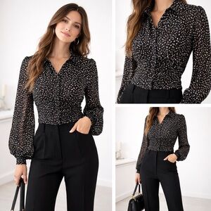 ASTR The Label Ruched Crop Blouse Sheer Long Balloon Sleeve Button Front Top